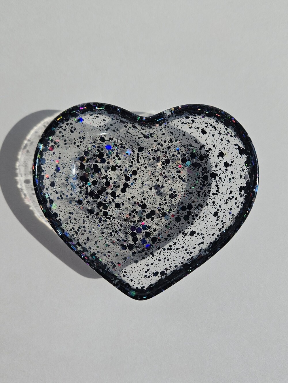 Handmade Holographic Black Glitter Mini Heart Resin Dish Jewelry Tray Girly Deco